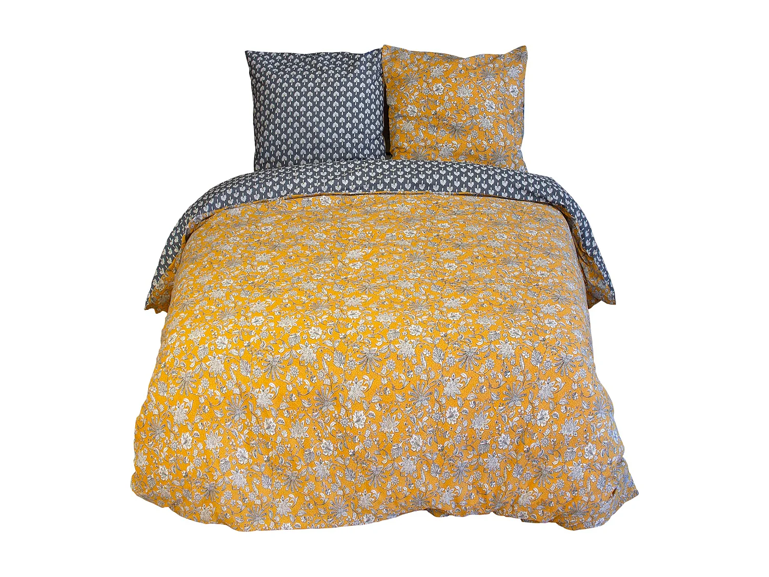 Parure de lit 240x220 cm pur coton ASCHWINI motif floral jaune 3 pièces