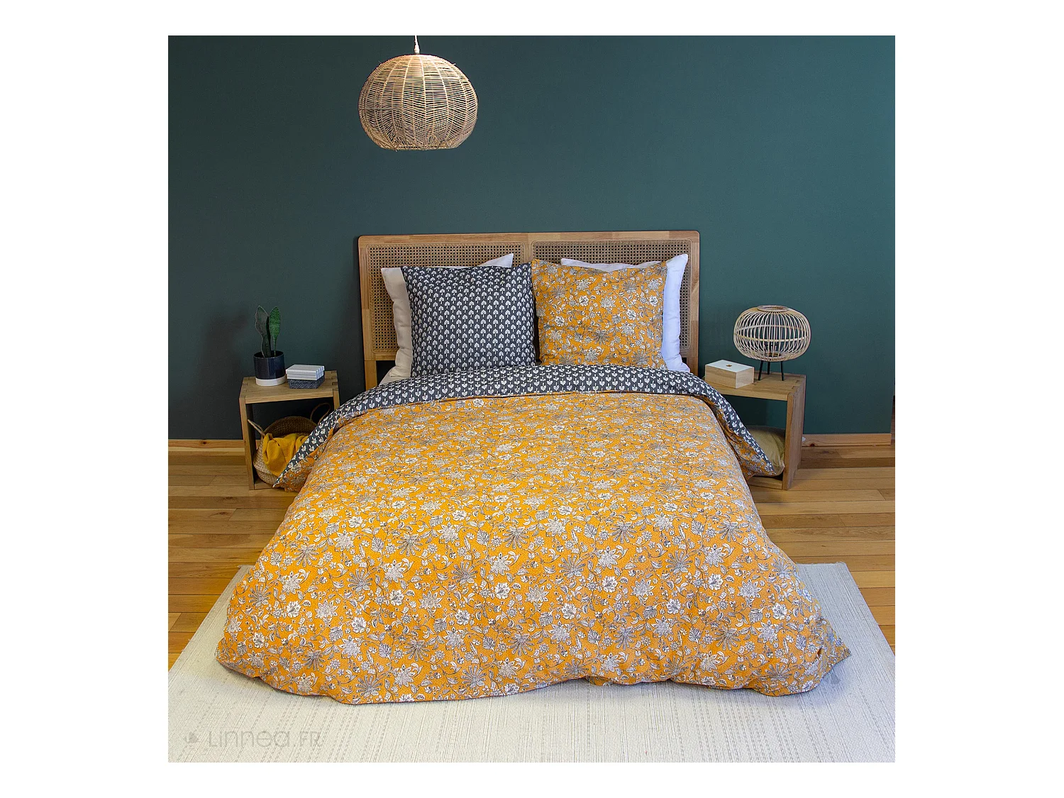 Parure de lit 240x220 cm pur coton ASCHWINI motif floral jaune 3 pièces