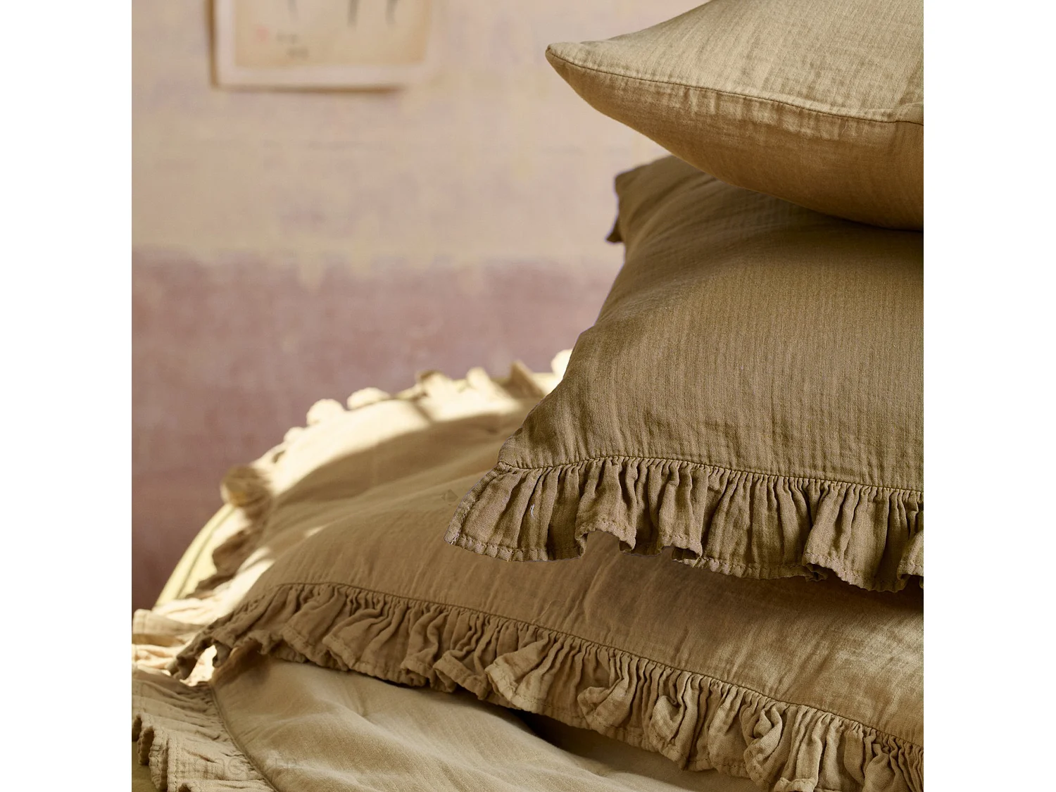 Couverture courtepointe en mousseline de coton 150x150 cm + 5 cm ELZA marron camel