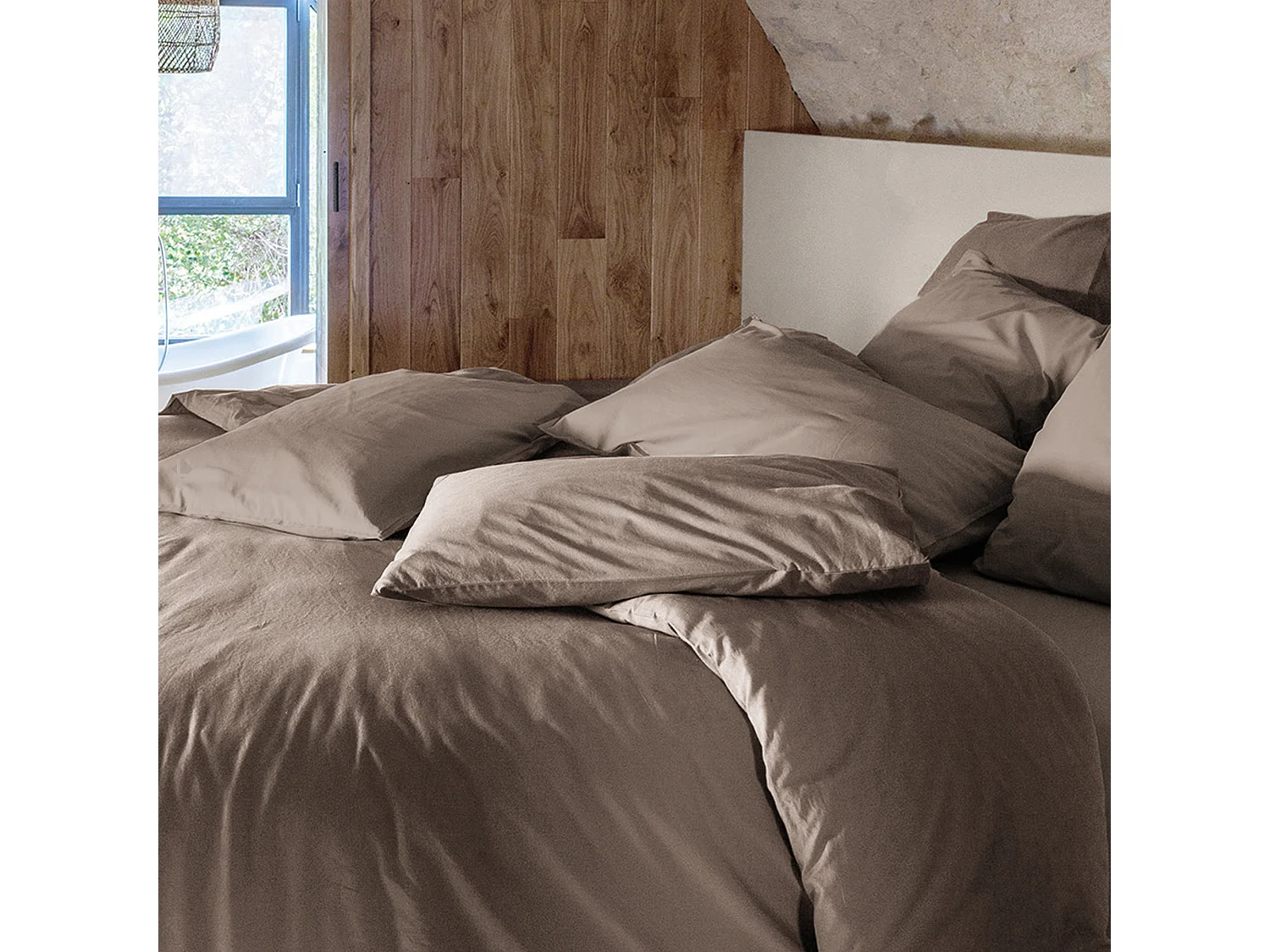 Drap plat PALACE pur coton lavé 240x290 cm uni marron tabac