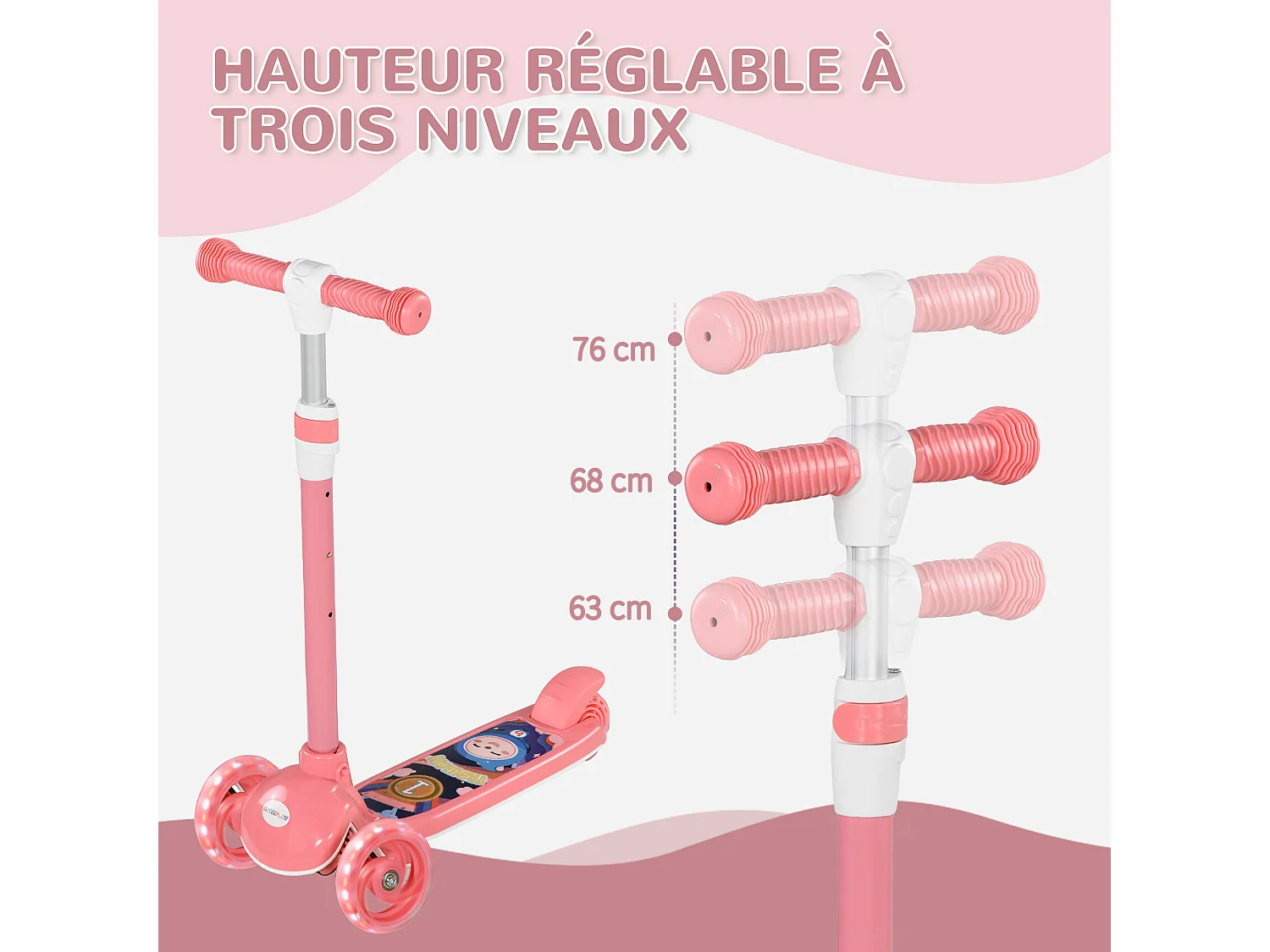 Trottinette pour enfants trottinette 3 roues lumineuses LED hauteur guidon réglable  frein à friction arrière rose