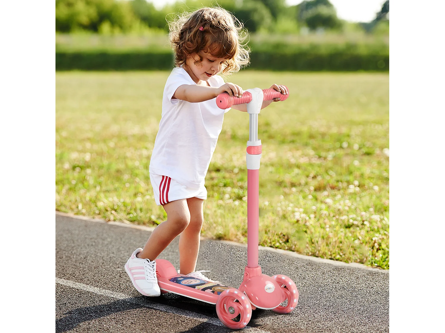 Trottinette pour enfants trottinette 3 roues lumineuses LED hauteur guidon réglable  frein à friction arrière rose