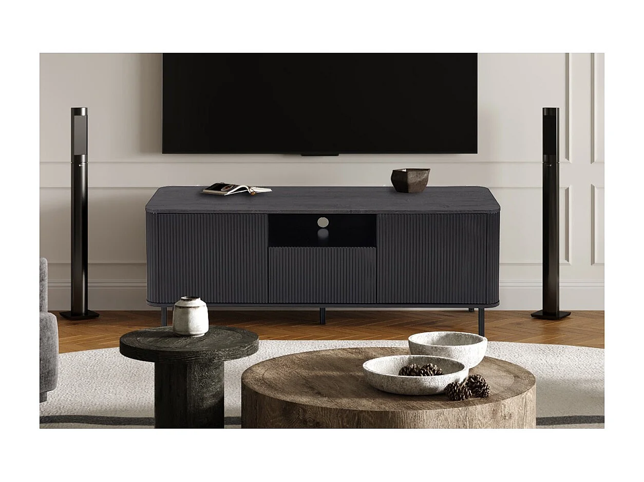 Mueble TV VAGOS – 1 hueco, 1 cajón, 2 puertas, 3 pasacables – L140 x H56 x P45 cm – Marrón oscuro – Diseño moderno