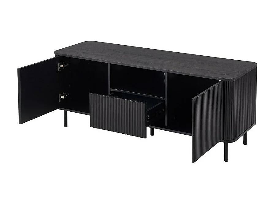Mueble TV VAGOS – 1 hueco, 1 cajón, 2 puertas, 3 pasacables – L140 x H56 x P45 cm – Marrón oscuro – Diseño moderno