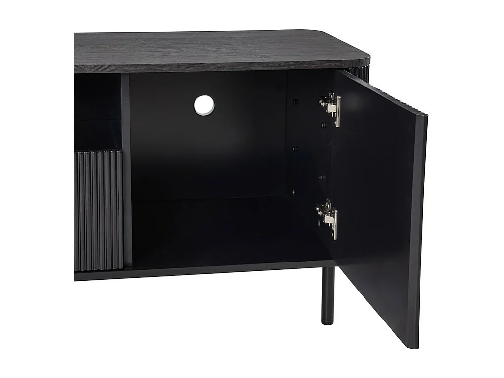 Mueble TV VAGOS – 1 hueco, 1 cajón, 2 puertas, 3 pasacables – L140 x H56 x P45 cm – Marrón oscuro – Diseño moderno