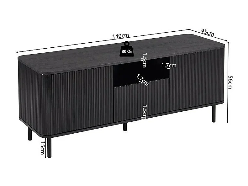 Mueble TV VAGOS – 1 hueco, 1 cajón, 2 puertas, 3 pasacables – L140 x H56 x P45 cm – Marrón oscuro – Diseño moderno