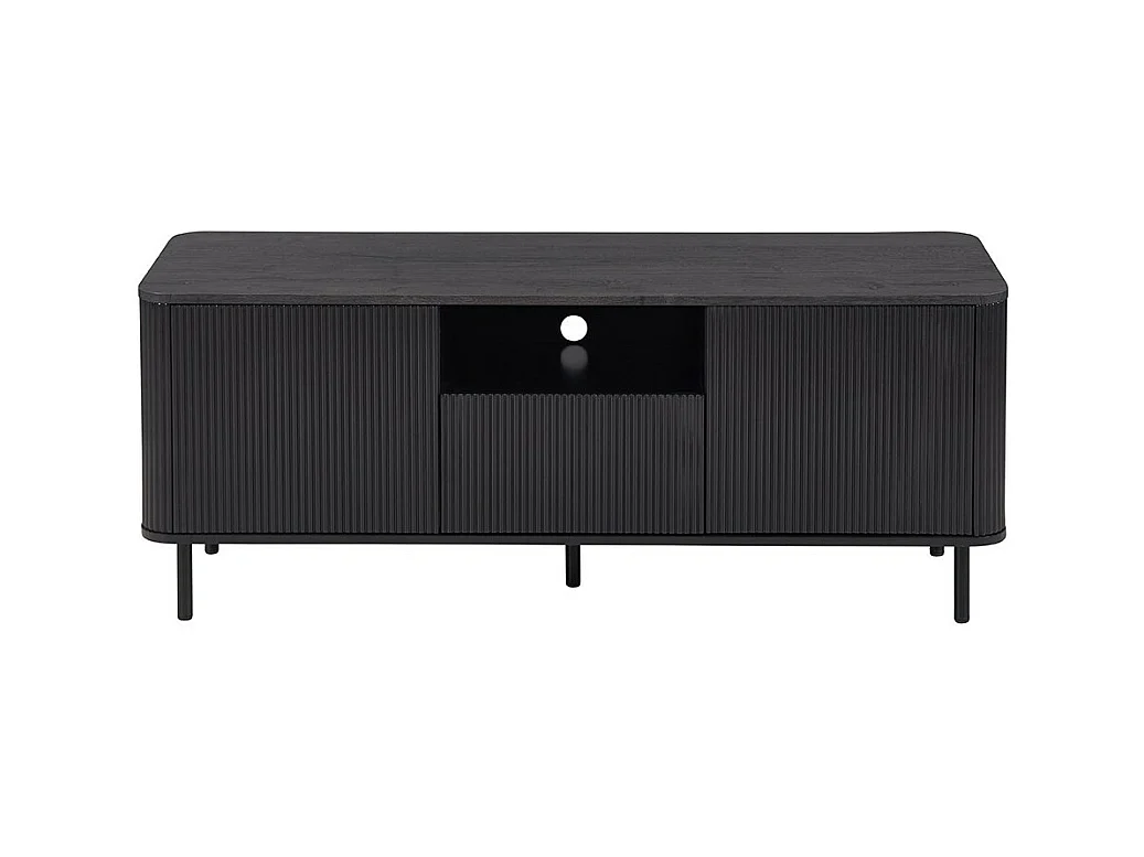 Meuble TV VAGOS – 1 niche, 1 tiroir, 2 portes, 3 passes câbles – L140 x H56 x P45 cm – Brun foncé – Design moderne