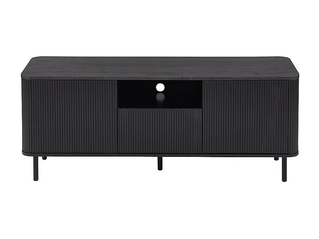 Meuble TV VAGOS – 1 niche, 1 tiroir, 2 portes, 3 passes câbles – L140 x H56 x P45 cm – Brun foncé – Design moderne