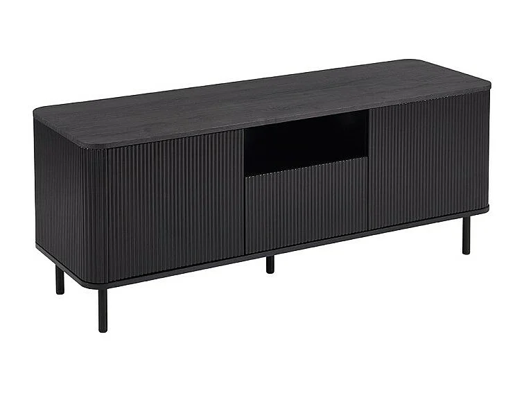 Meuble TV VAGOS – 1 niche, 1 tiroir, 2 portes, 3 passes câbles – L140 x H56 x P45 cm – Brun foncé – Design moderne