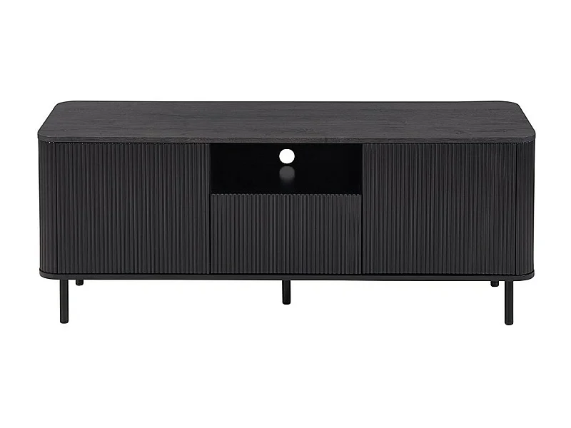 Meuble TV VAGOS – 1 niche, 1 tiroir, 2 portes, 3 passes câbles – L140 x H56 x P45 cm – Brun foncé – Design moderne