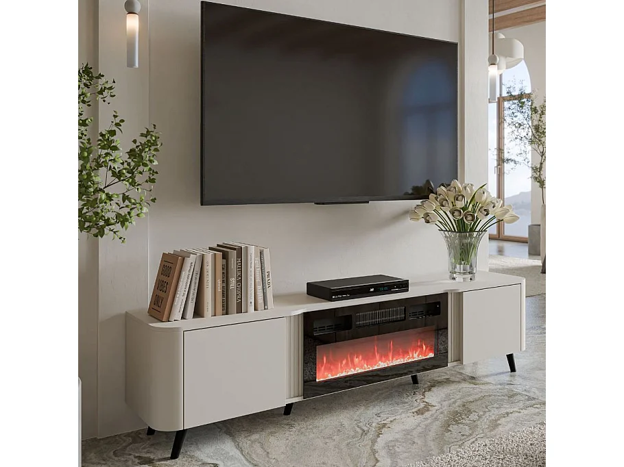 Mobile TV beige da 200 cm con camino elettrico Lucky