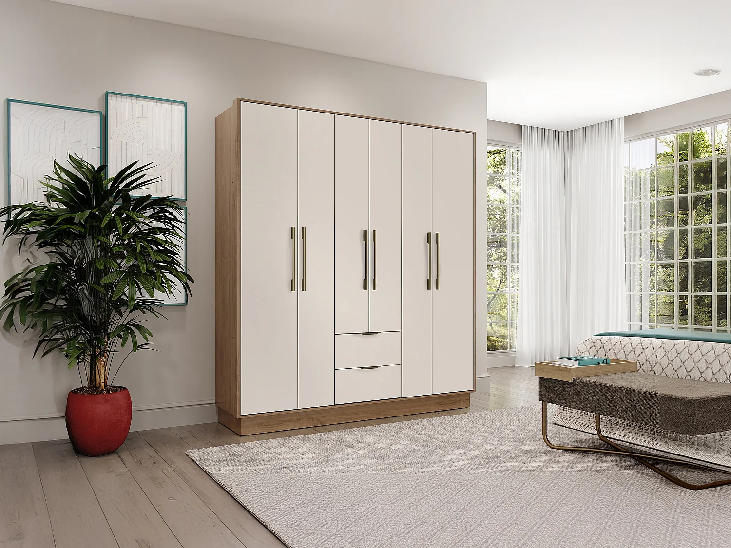 Armoire 6 portes et 2 tiroirs - L162 cm - Coloris : Beige et naturel - FEOVA