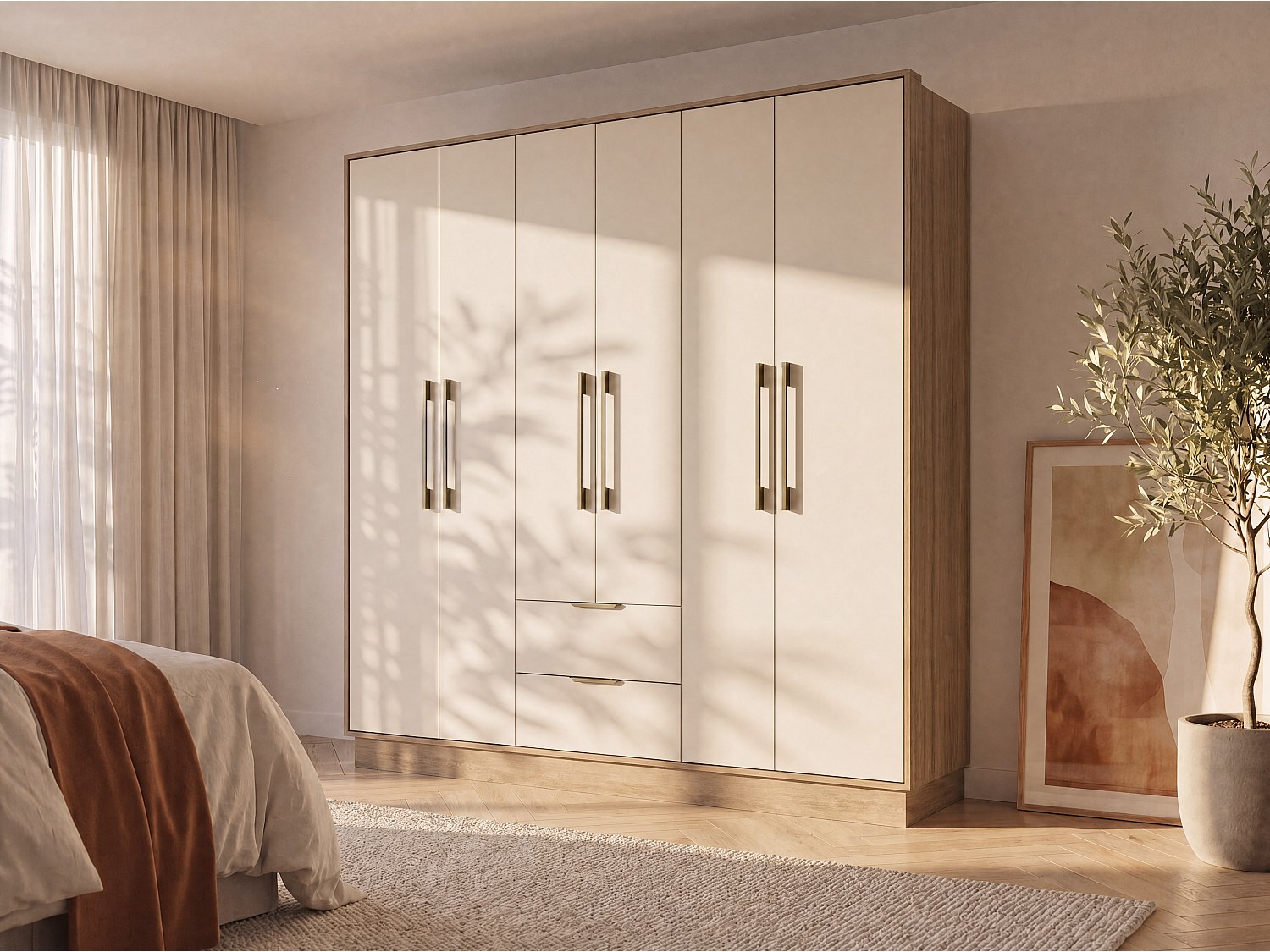 Kleiderschrank mit 6 Türen & 2 Schubladen - 162 cm - Beige & Holzfarben - FEOVA