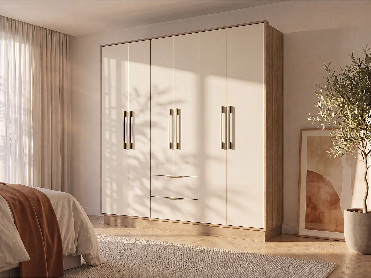 Armoire 6 portes et 2 tiroirs - L162 cm - Coloris : Beige et naturel - FEOVA