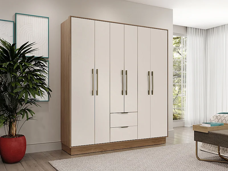 Armoire 6 portes et 2 tiroirs - L162 cm - Coloris : Beige et naturel - FEOVA