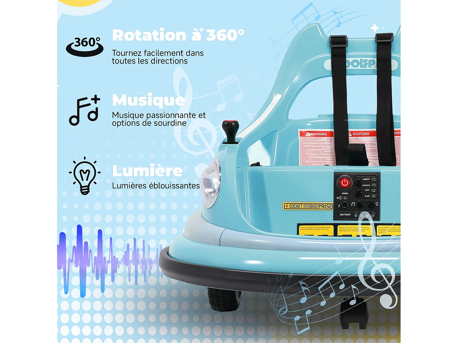 12V elektrische bufferauto, 2 snelheden, ASTM-gecertificeerd, met afstandsbediening, Bluetooth-muziek, LED-licht, 360° rotatie, blauw