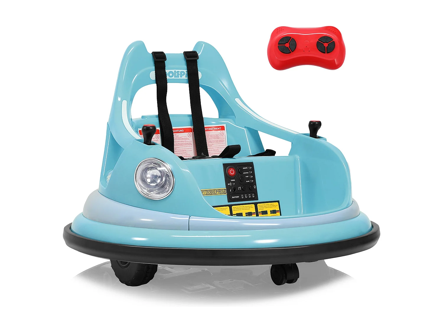 12V elektrische bufferauto, 2 snelheden, ASTM-gecertificeerd, met afstandsbediening, Bluetooth-muziek, LED-licht, 360° rotatie, blauw