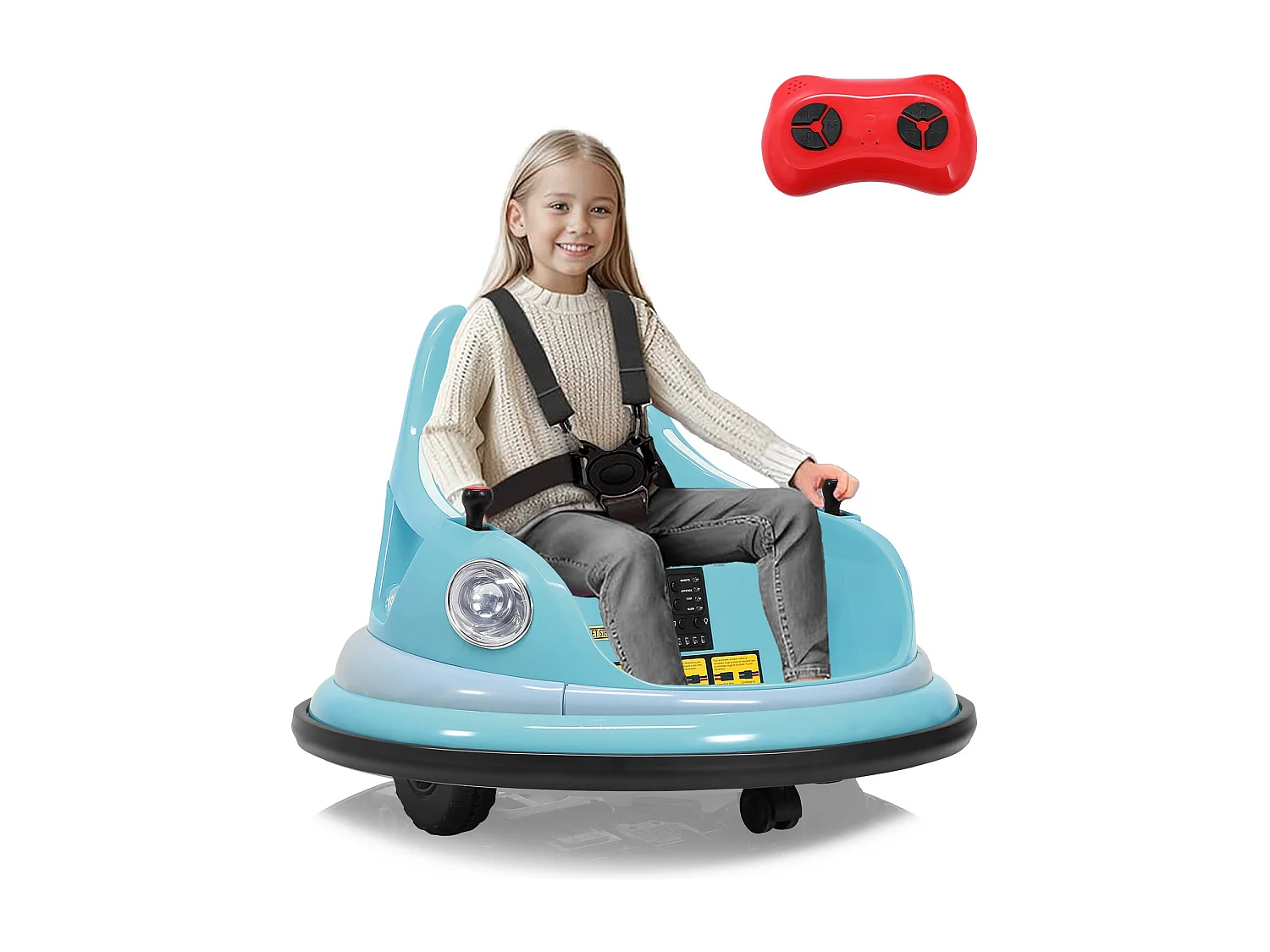 12V elektrische bufferauto, 2 snelheden, ASTM-gecertificeerd, met afstandsbediening, Bluetooth-muziek, LED-licht, 360° rotatie, blauw