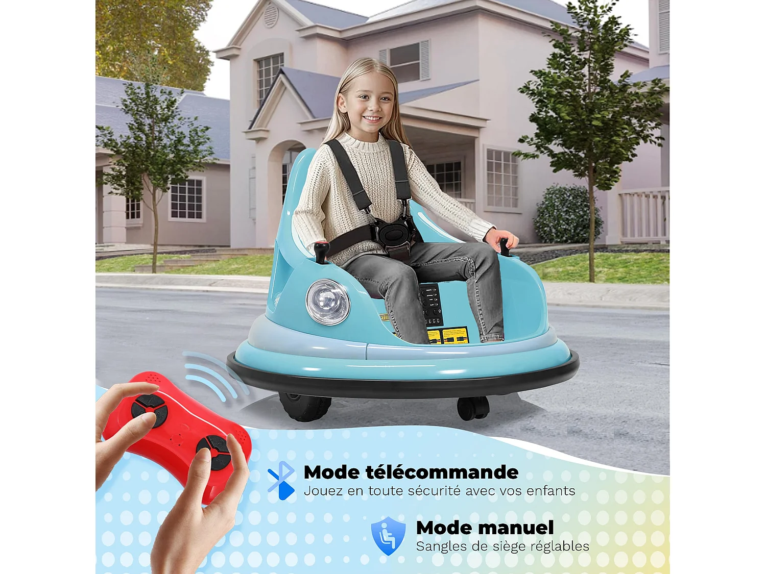 12V elektrische bufferauto, 2 snelheden, ASTM-gecertificeerd, met afstandsbediening, Bluetooth-muziek, LED-licht, 360° rotatie, blauw