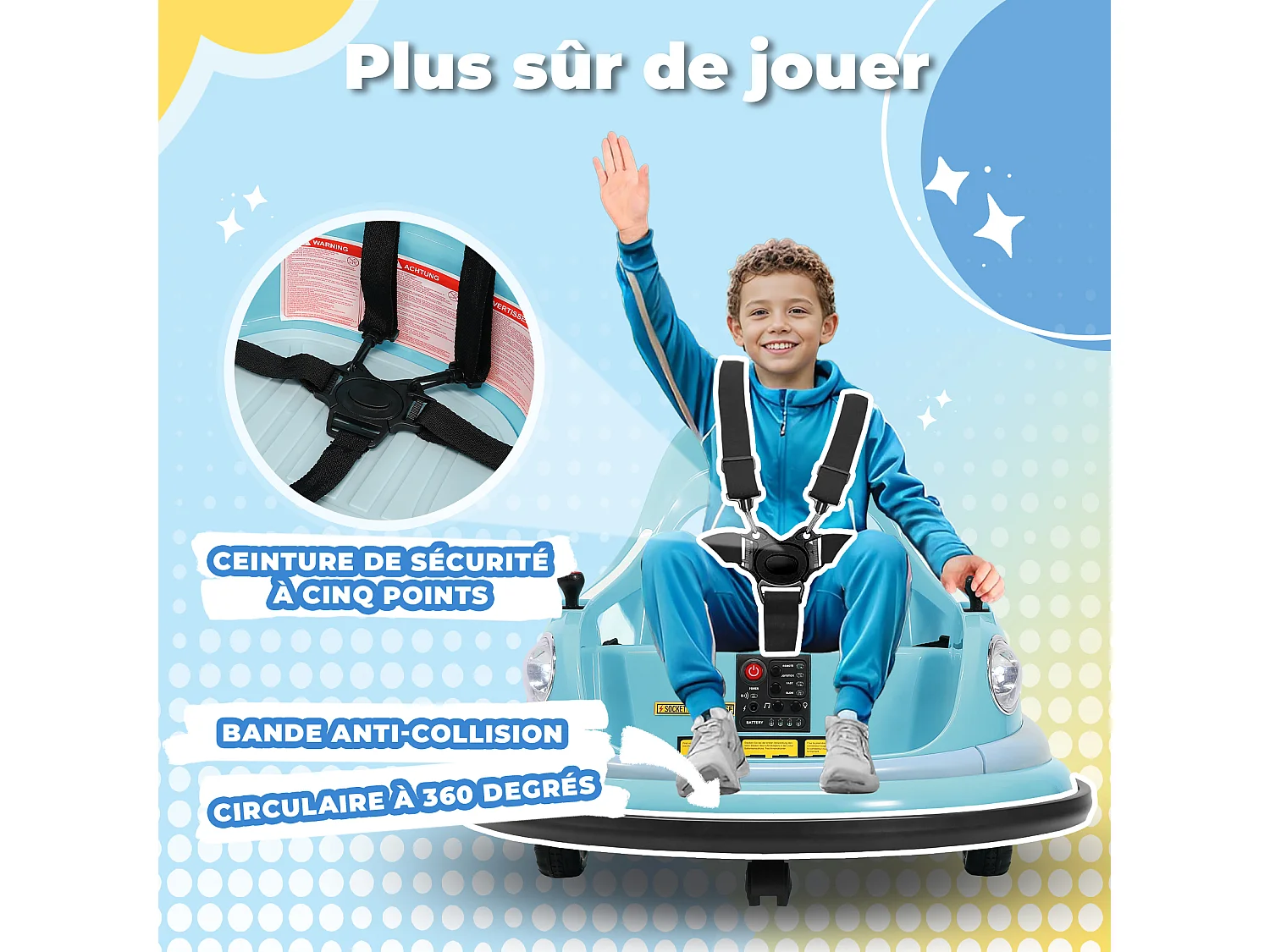 12V elektrische bufferauto, 2 snelheden, ASTM-gecertificeerd, met afstandsbediening, Bluetooth-muziek, LED-licht, 360° rotatie, blauw