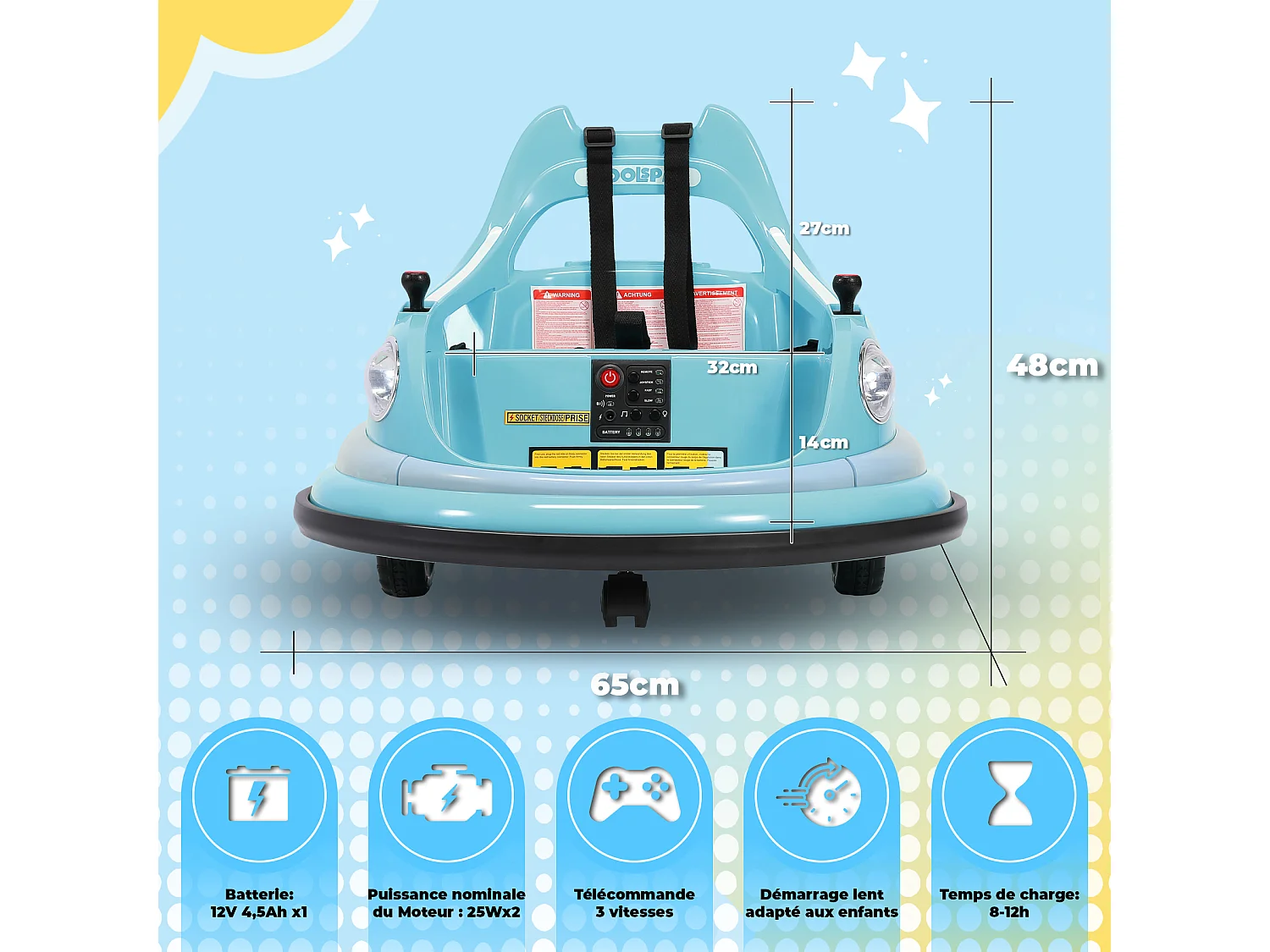 12V elektrische bufferauto, 2 snelheden, ASTM-gecertificeerd, met afstandsbediening, Bluetooth-muziek, LED-licht, 360° rotatie, blauw