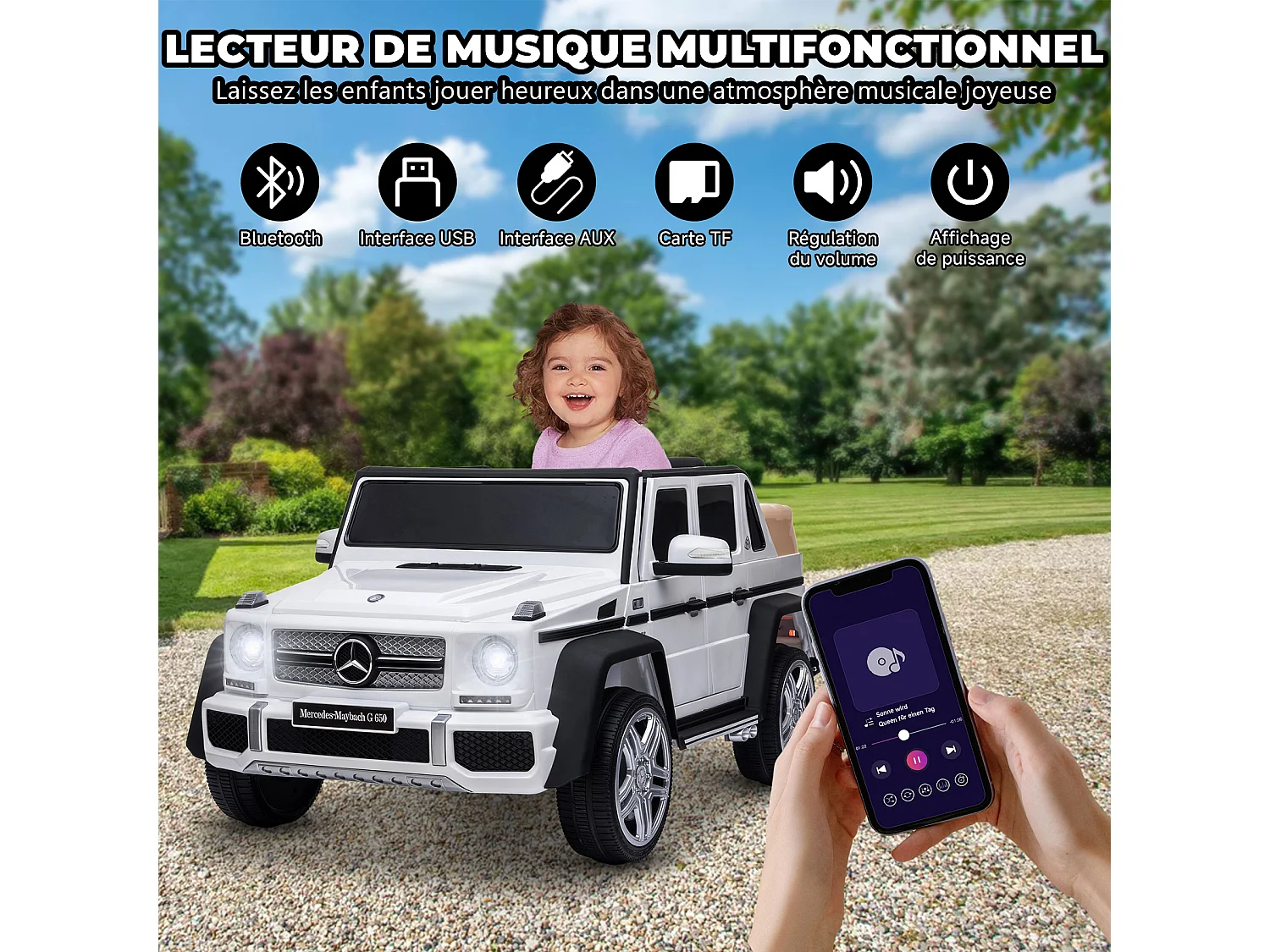 12V elektrische bufferauto, 2 snelheden, ASTM-gecertificeerd, met afstandsbediening, Bluetooth-muziek, LED-licht, 360° rotatie, blauw