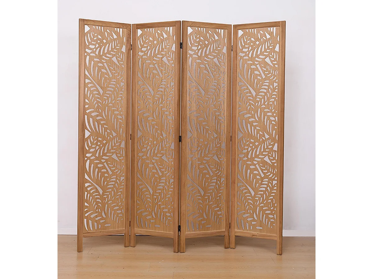 Paravent ajouré, séparateur de pièce en bois avec motifs feuille, 4 pans coloris brun clair - Hauteur 170 x longueur 160 cm