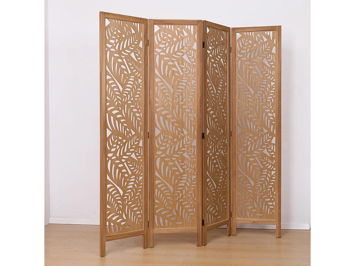 Paravent ajouré, séparateur de pièce en bois avec motifs feuille, 4 pans coloris brun clair - Hauteur 170 x longueur 160 cm