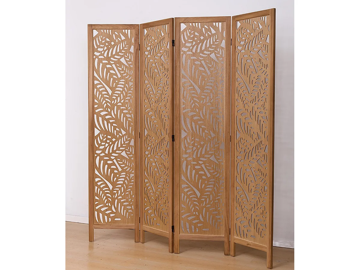 Paravent ajouré, séparateur de pièce en bois avec motifs feuille, 4 pans coloris brun clair - Hauteur 170 x longueur 160 cm