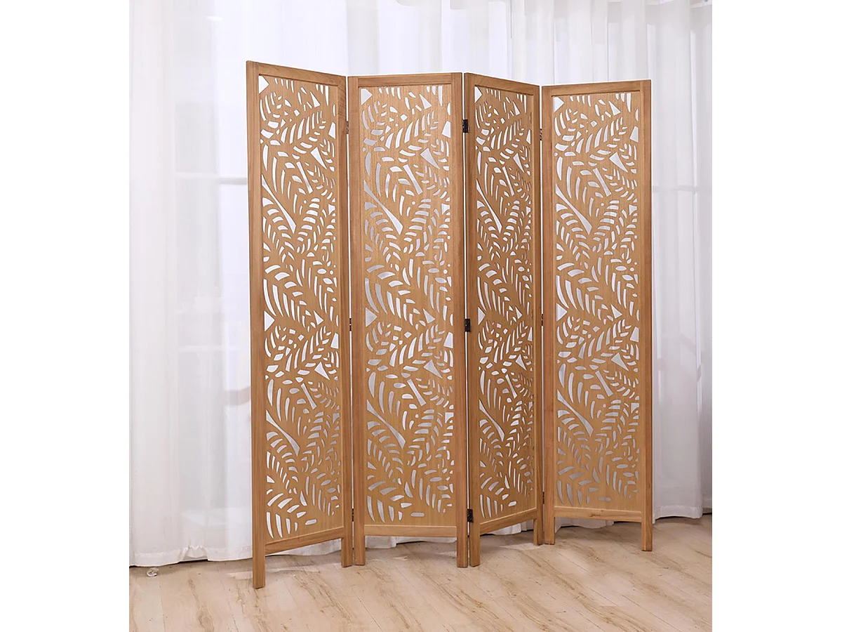 Paravent ajouré, séparateur de pièce en bois avec motifs feuille, 4 pans coloris brun clair - Hauteur 170 x longueur 160 cm