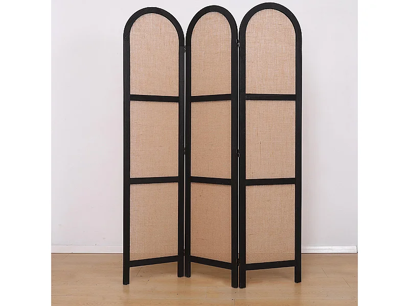 Paravent, séparateur de pièce en cannage et bois avec 3 pans coloris noir et beige - Hauteur 170 x longueur 120 cm