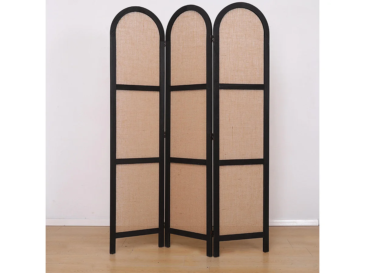 Paravent, séparateur de pièce en cannage et bois avec 3 pans coloris noir et beige - Hauteur 170 x longueur 120 cm