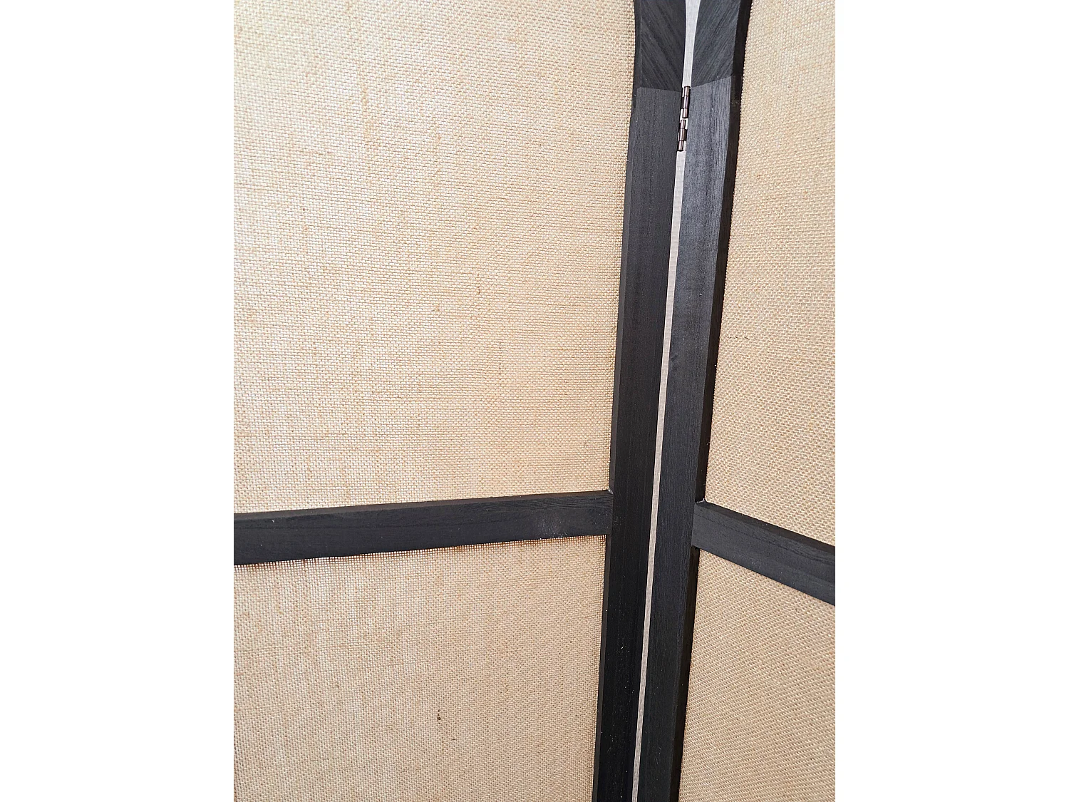 Paravent, séparateur de pièce en cannage et bois avec 3 pans coloris noir et beige - Hauteur 170 x longueur 120 cm