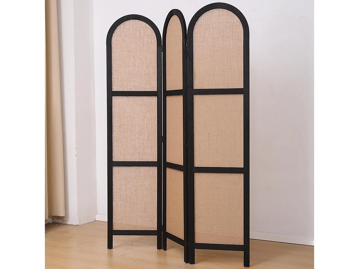 Paravent, séparateur de pièce en cannage et bois avec 3 pans coloris noir et beige - Hauteur 170 x longueur 120 cm
