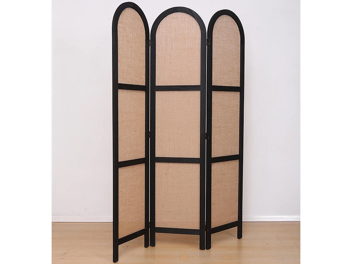 Paravent, séparateur de pièce en cannage et bois avec 3 pans coloris noir et beige - Hauteur 170 x longueur 120 cm