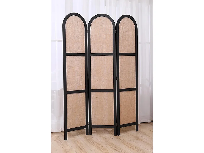 Paravent, séparateur de pièce en cannage et bois avec 3 pans coloris noir et beige - Hauteur 170 x longueur 120 cm