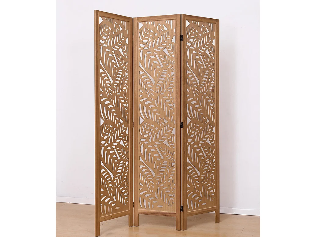 Paravent ajouré, séparateur de pièce en bois avec motifs feuille, 3 pans coloris brun clair - Hauteur 170 x longueur 120 cm