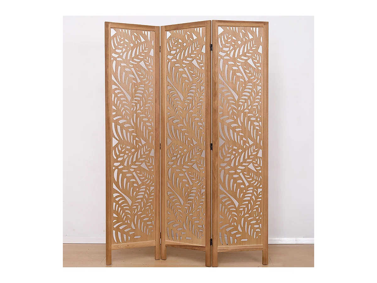 Paravent ajouré, séparateur de pièce en bois avec motifs feuille, 3 pans coloris brun clair - Hauteur 170 x longueur 120 cm