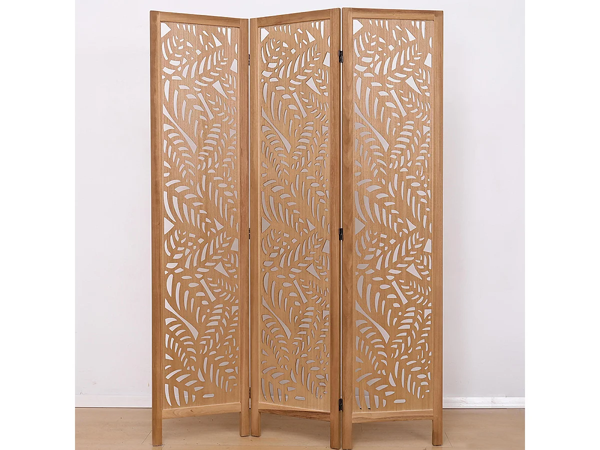 Paravent ajouré, séparateur de pièce en bois avec motifs feuille, 3 pans coloris brun clair - Hauteur 170 x longueur 120 cm