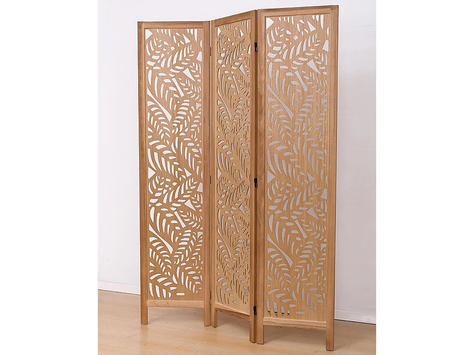 Paravent ajouré, séparateur de pièce en bois avec motifs feuille, 3 pans coloris brun clair - Hauteur 170 x longueur 120 cm
