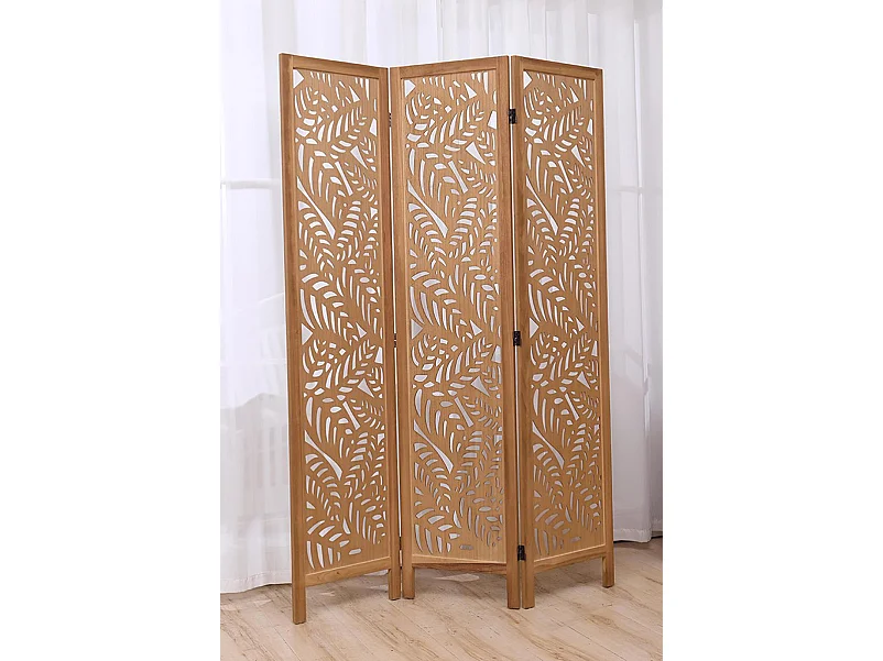 Paravent ajouré, séparateur de pièce en bois avec motifs feuille, 3 pans coloris brun clair - Hauteur 170 x longueur 120 cm
