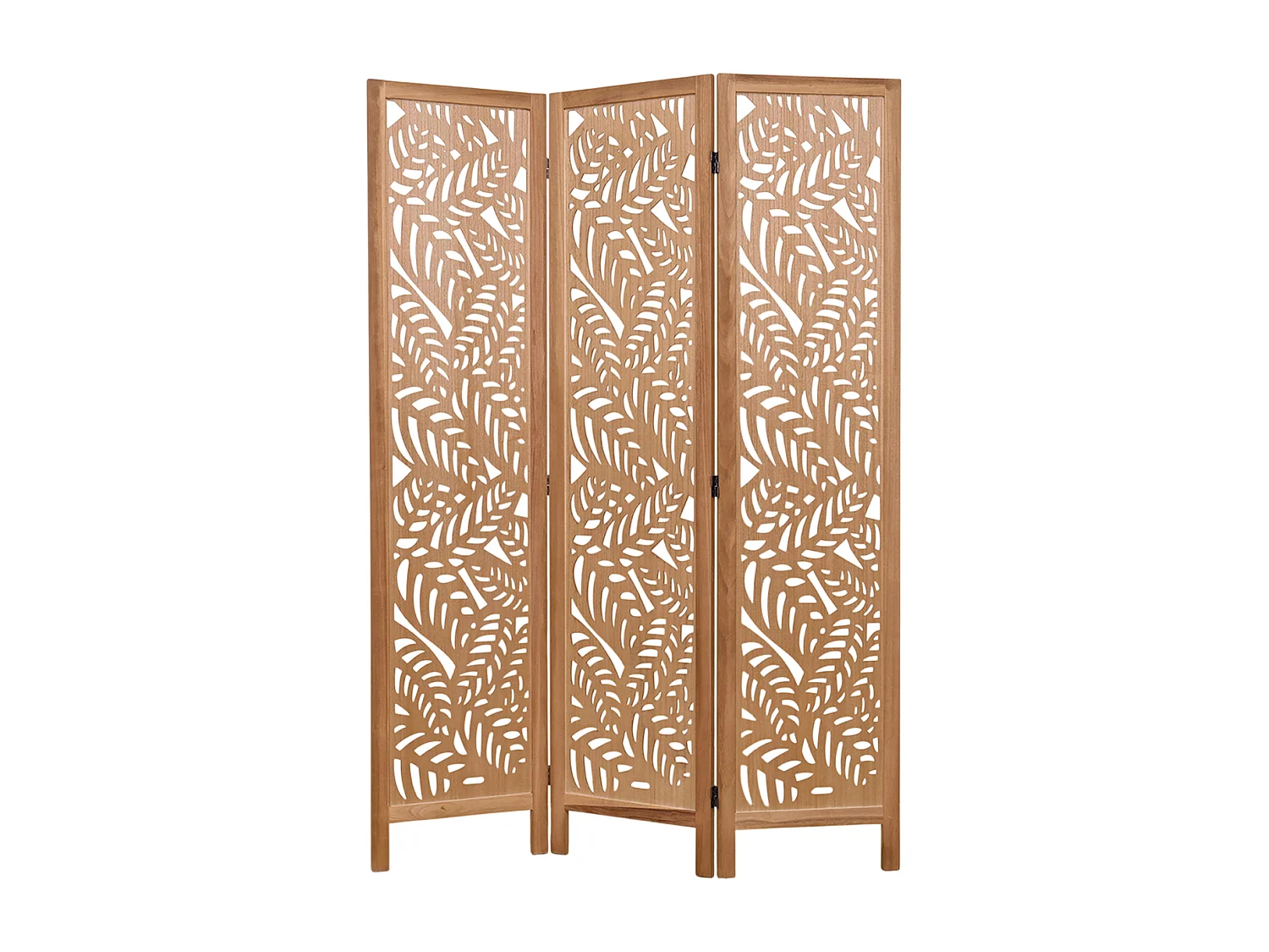 Paravent ajouré, séparateur de pièce en bois avec motifs feuille, 3 pans coloris brun clair - Hauteur 170 x longueur 120 cm