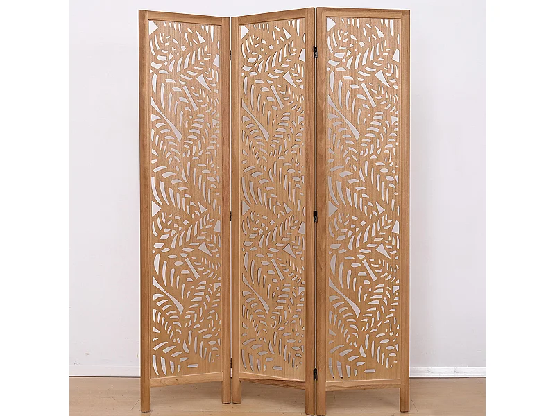 Paravent ajouré, séparateur de pièce en bois avec motifs feuille, 3 pans coloris brun clair - Hauteur 170 x longueur 120 cm