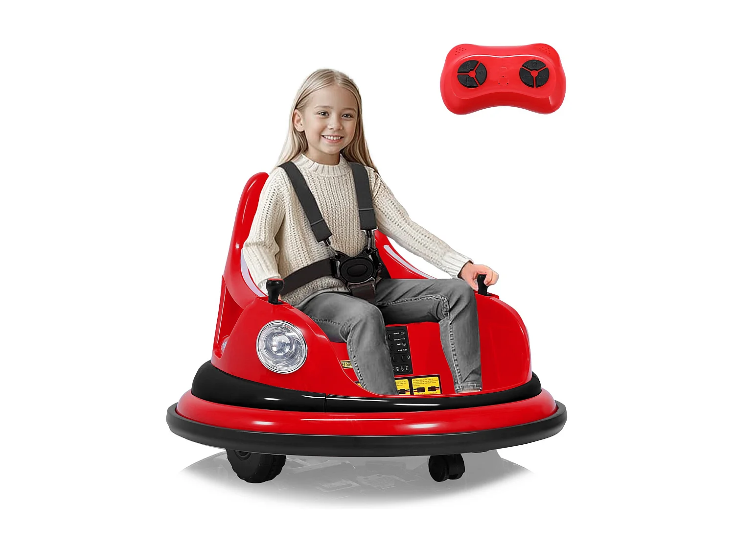 Voiture tampon électrique 12V à 2 vitesses, certifiée ASTM, avec télécommande, musique Bluetooth, lumière LED, rotation à 360°, pour 1,5 à 5 ans, Rouge