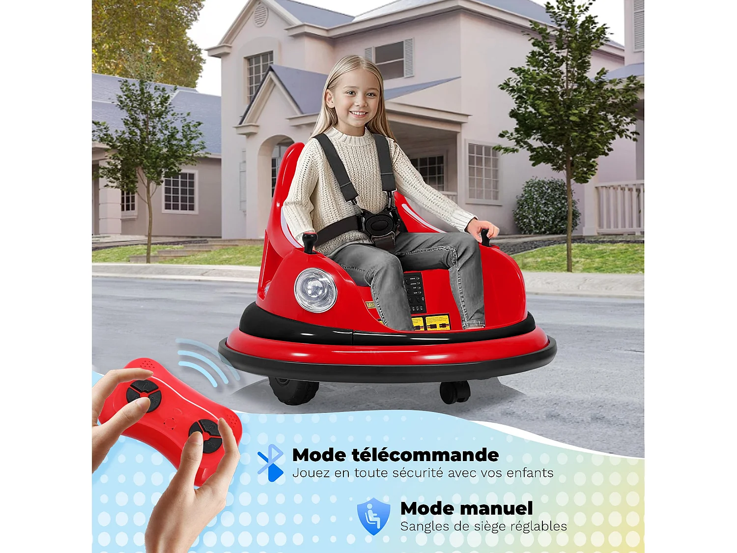 Voiture tampon électrique 12V à 2 vitesses, certifiée ASTM, avec télécommande, musique Bluetooth, lumière LED, rotation à 360°, pour 1,5 à 5 ans, Rouge