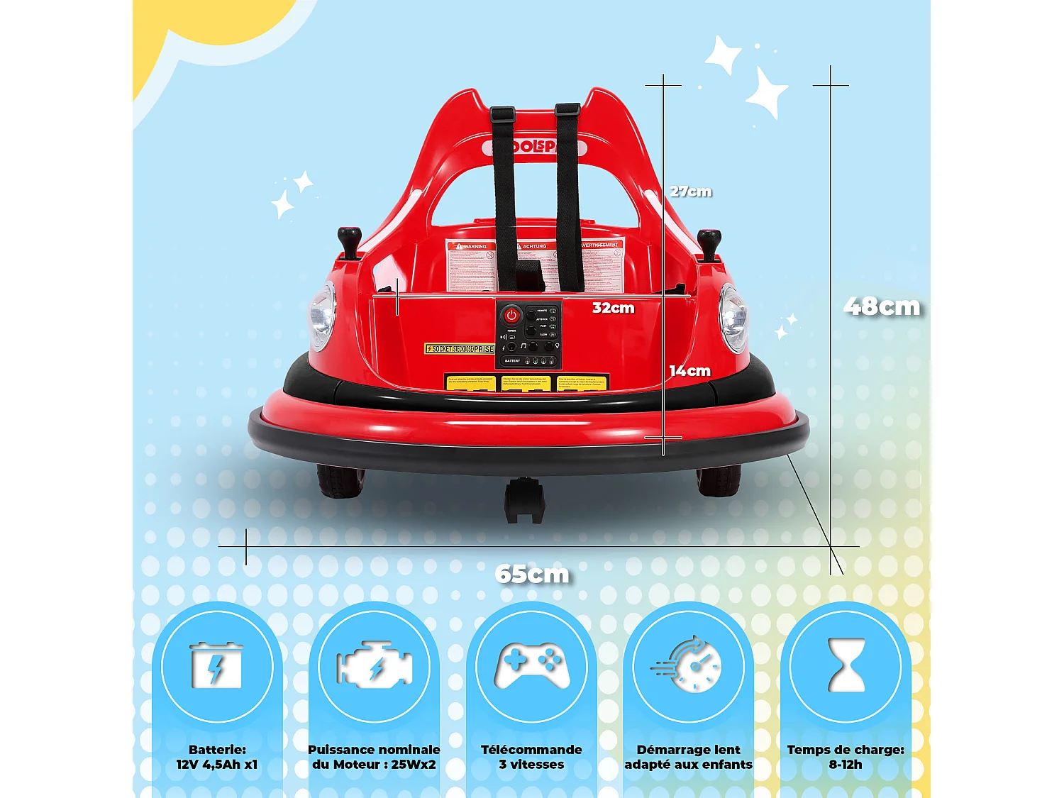 Voiture tampon électrique 12V à 2 vitesses, certifiée ASTM, avec télécommande, musique Bluetooth, lumière LED, rotation à 360°, pour 1,5 à 5 ans, Rouge