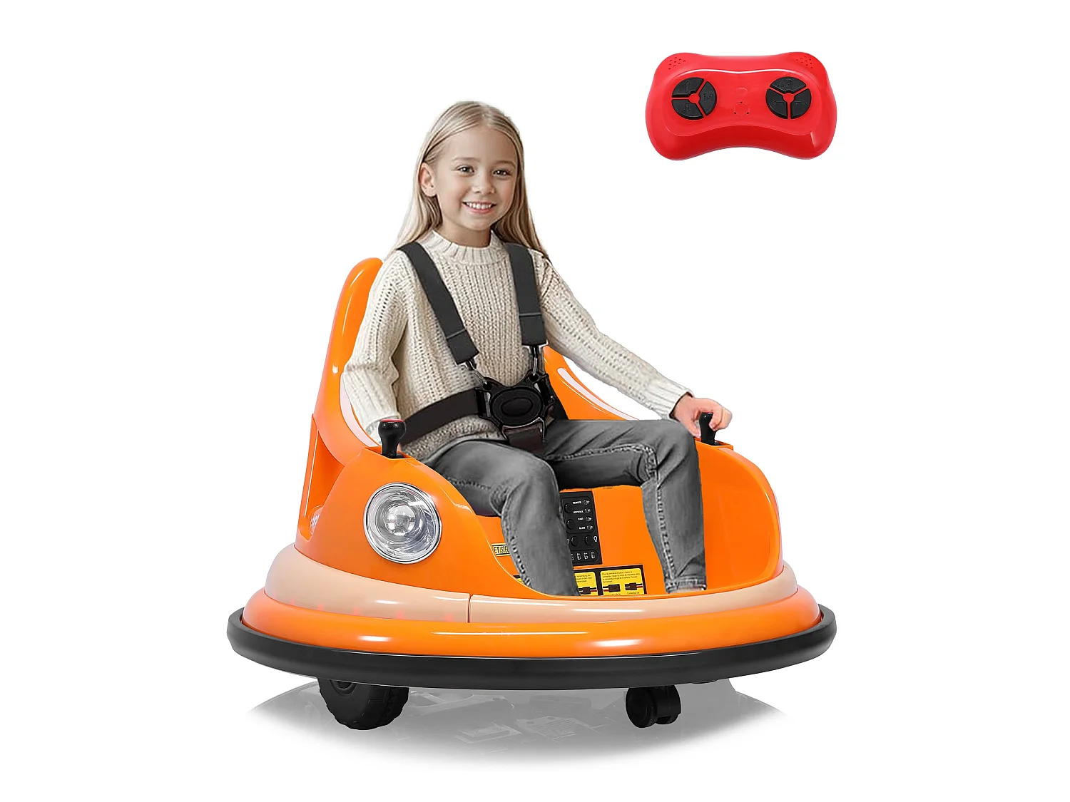 Voiture tampon électrique 12V à 2 vitesses, certifiée ASTM, avec télécommande, musique Bluetooth, lumière LED, rotation à 360°, pour  1,5 à 5 ans, Orange