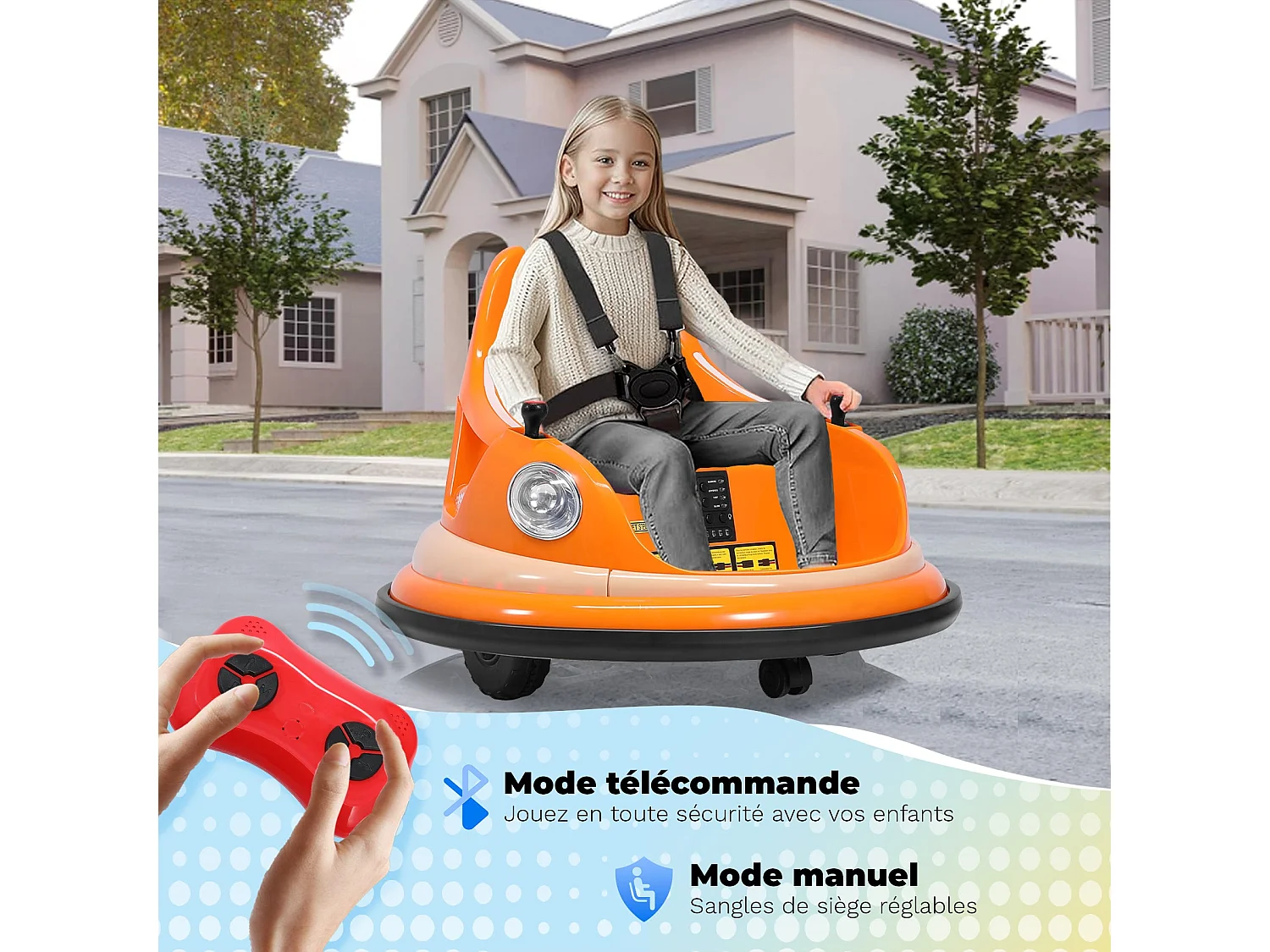 Voiture tampon électrique 12V à 2 vitesses, certifiée ASTM, avec télécommande, musique Bluetooth, lumière LED, rotation à 360°, pour  1,5 à 5 ans, Orange