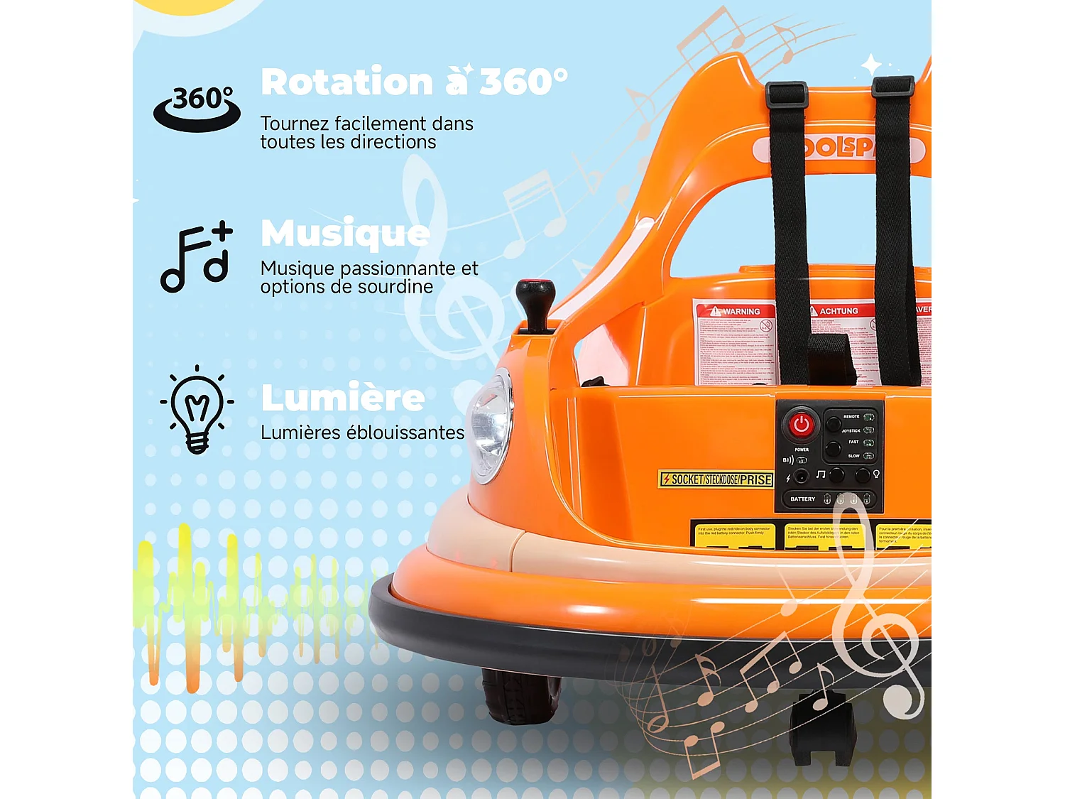 Voiture tampon électrique 12V à 2 vitesses, certifiée ASTM, avec télécommande, musique Bluetooth, lumière LED, rotation à 360°, pour  1,5 à 5 ans, Orange
