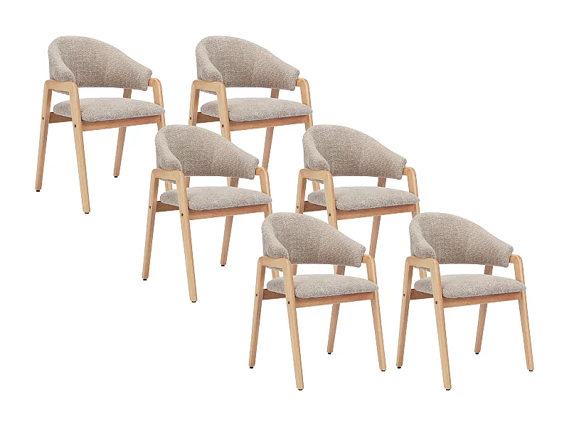 Stuhl mit Armlehnen 6er-Set - Bouclé-Stoff & Kautschukholz - Taupe & Holzfarben - SOLUNA